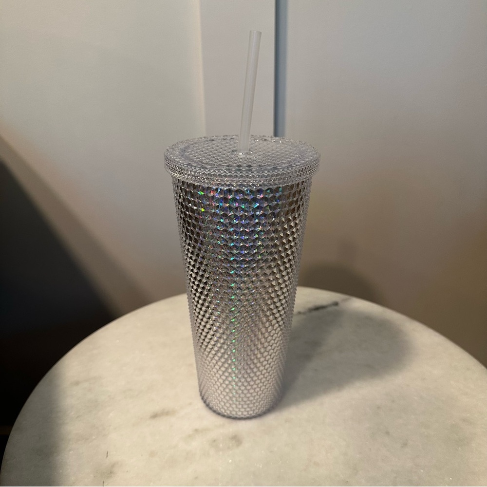 Silver Rhinestone Tumbler with Straw